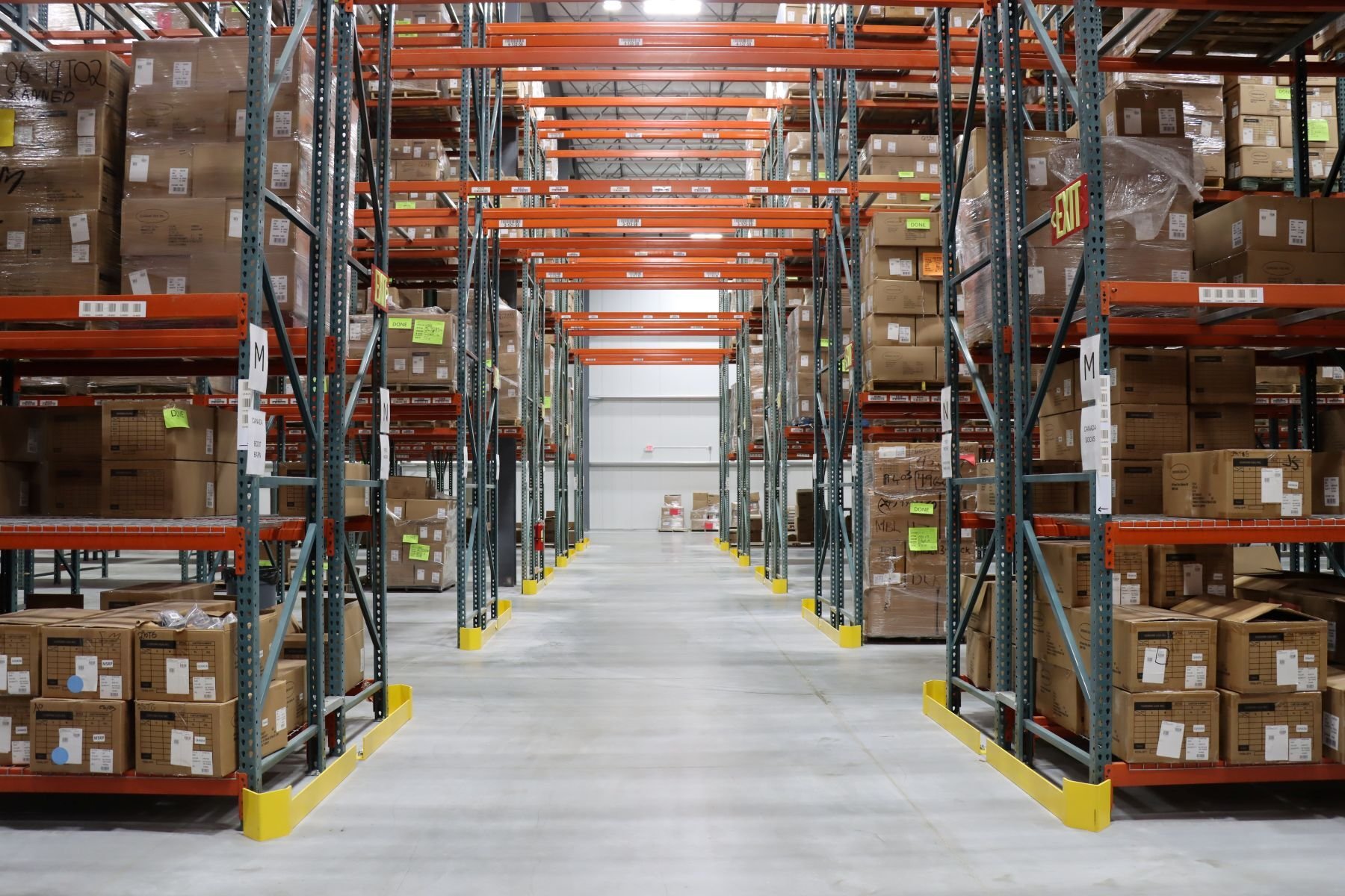 Interior of warehouse facility showing pallet racking and distribution aisles, constructed by Rice Companies