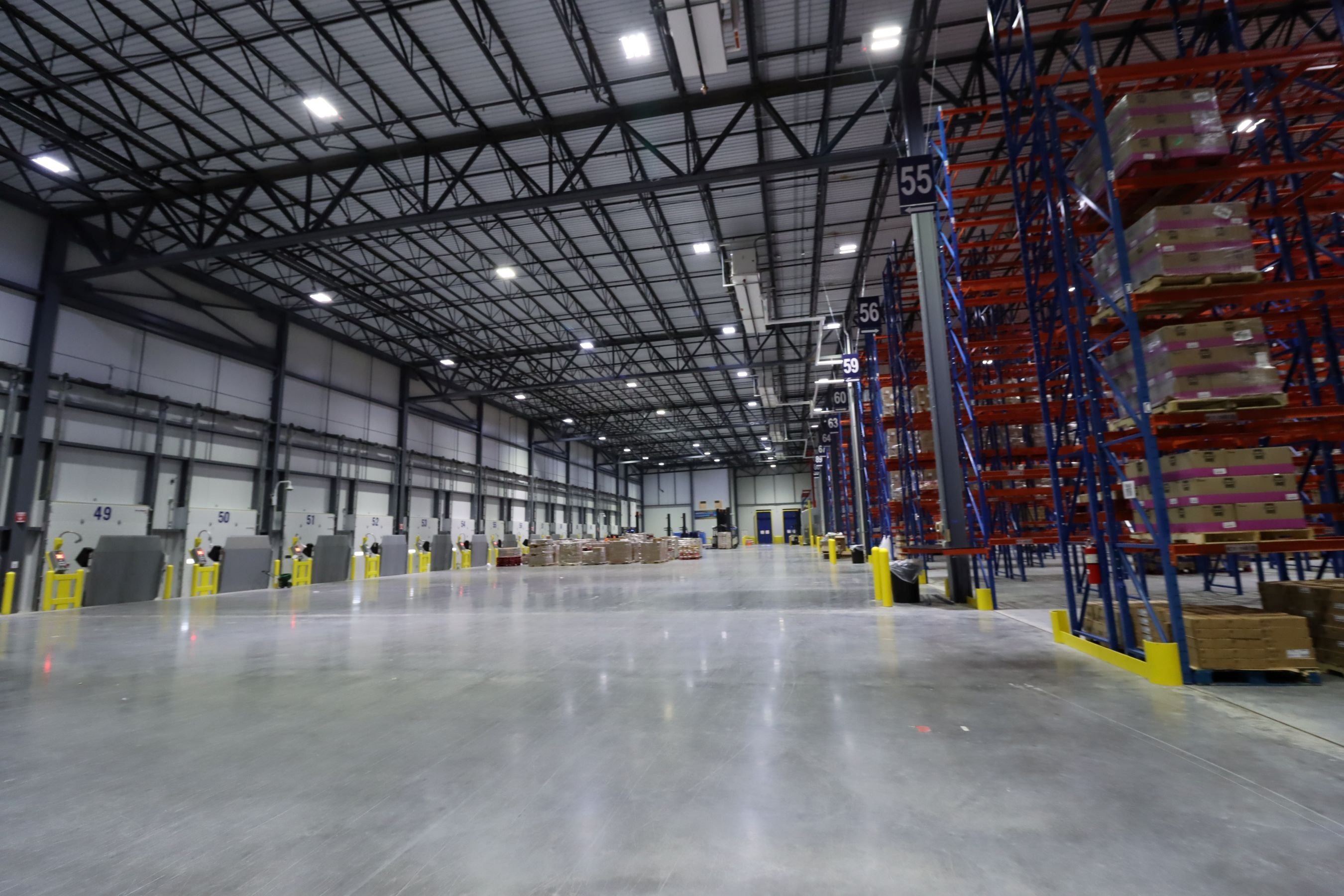 Interior of distribution center showing high-density pallet racking system, constructed by Rice Companies