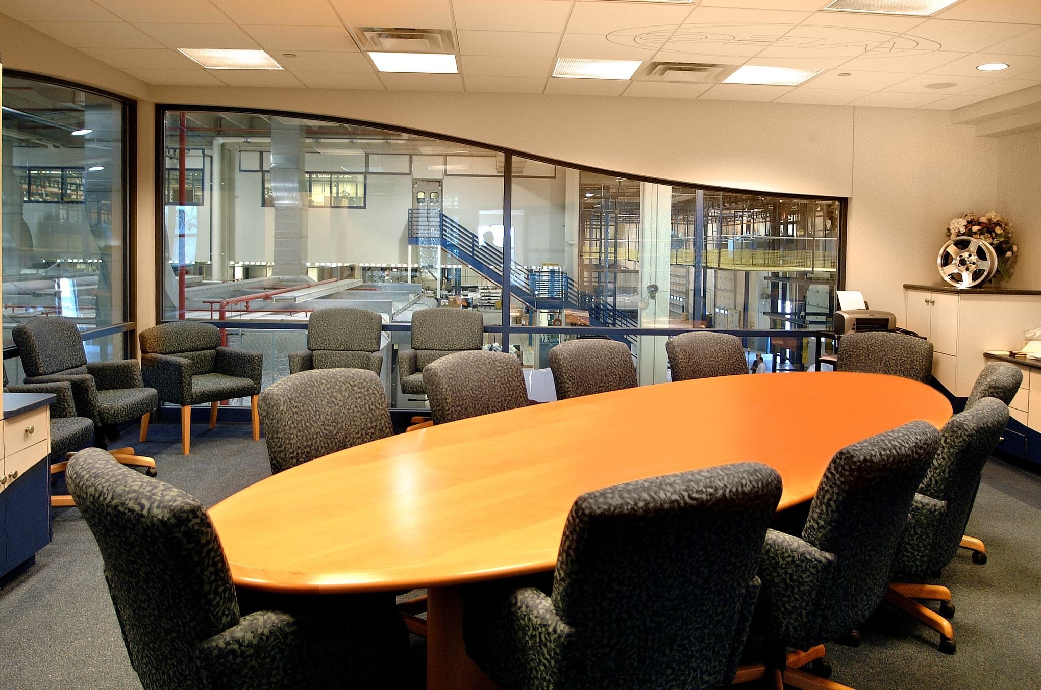 Interior of manufacturing facility showing conference room and office space, constructed by Rice Companies
