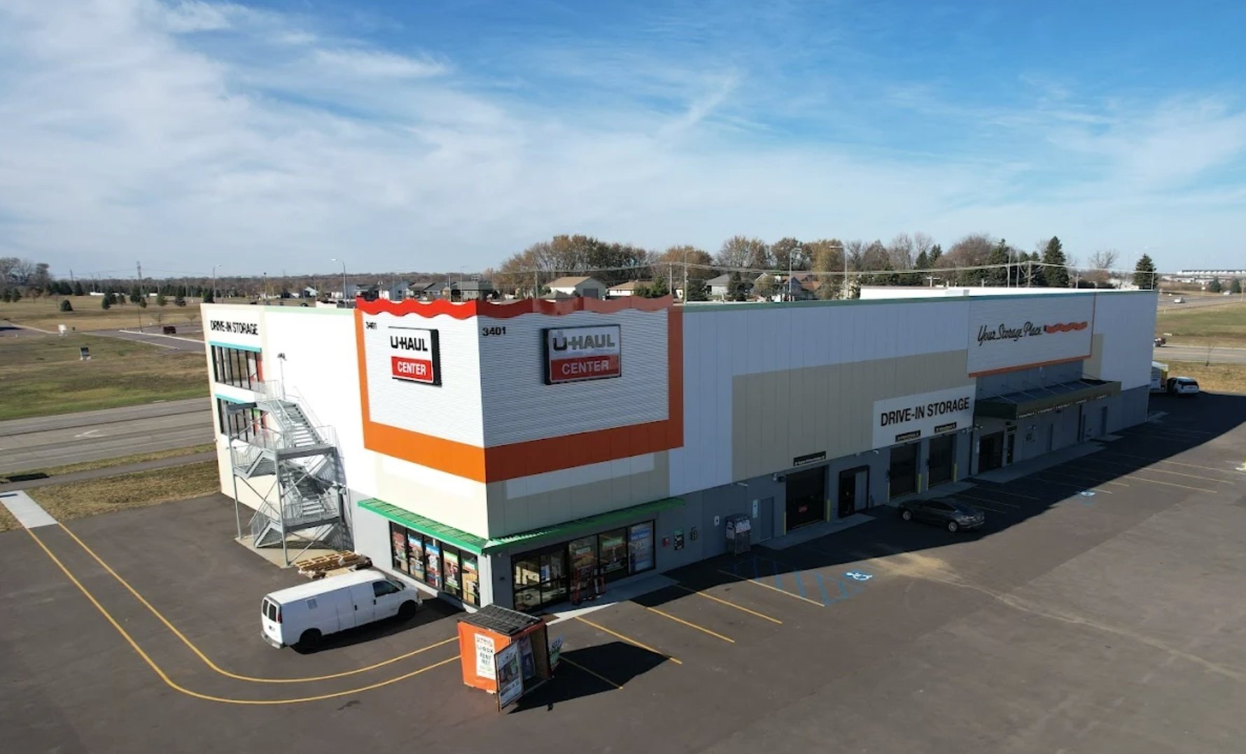 Exterior front entrance view of the U-Haul storage facility with customer access areas, constructed by Rice Companies.