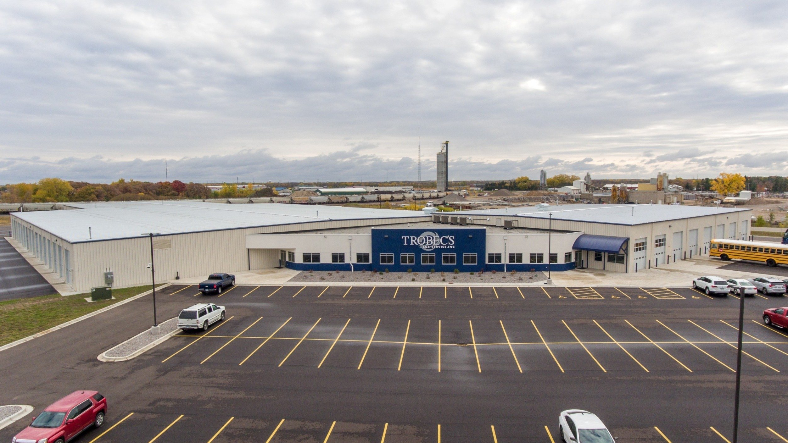 Exterior of transportation operations facility with pre-engineered steel construction and bus parking access, constructed by Rice Companies