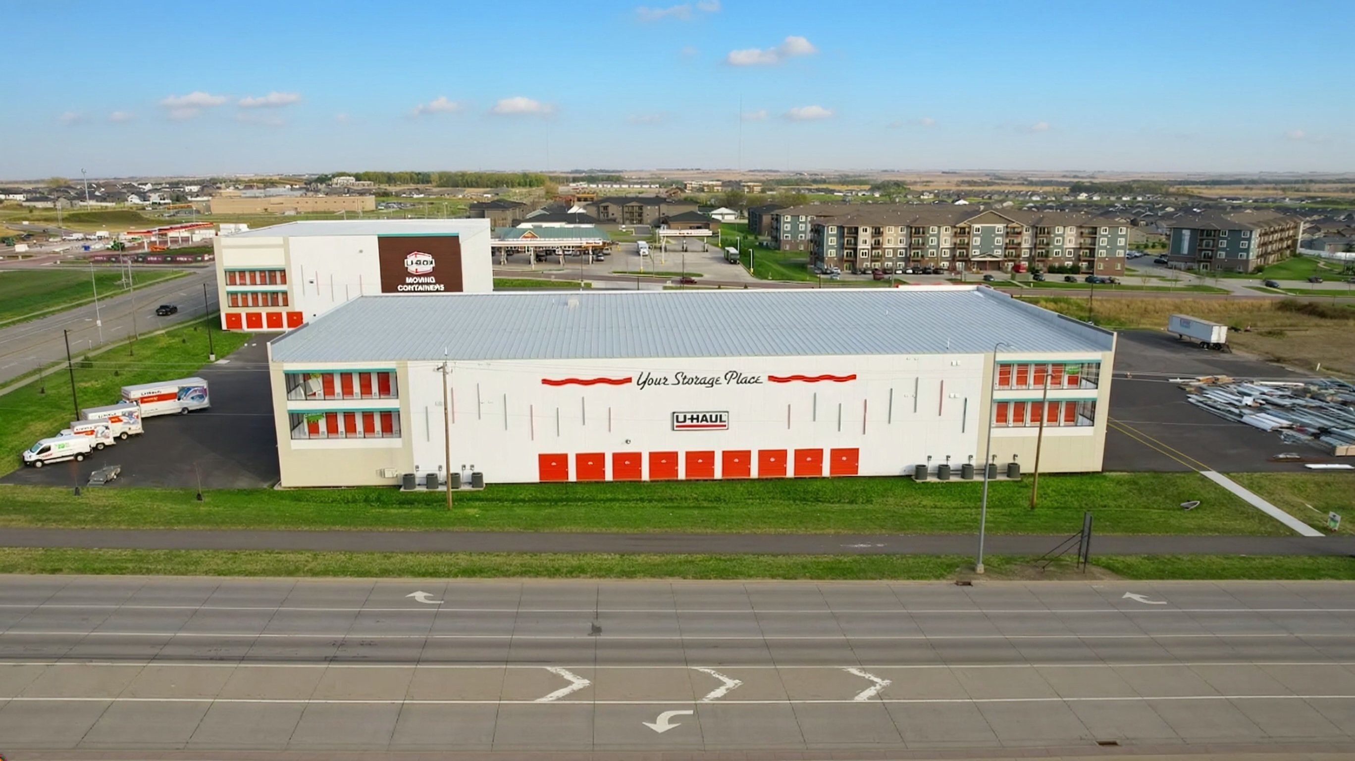 Aerial front view of the U-Haul drive-in storage facility in Sioux Falls, constructed by Rice Companies.